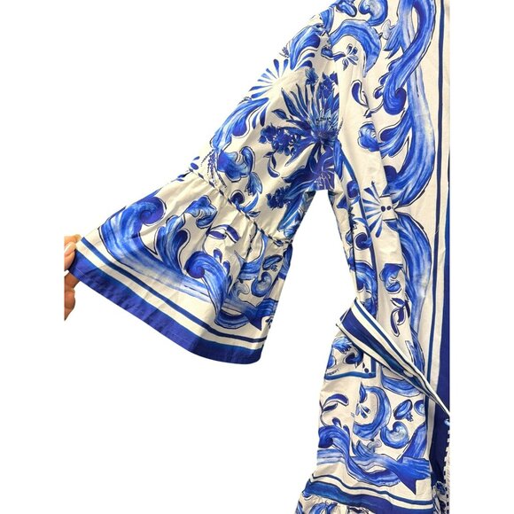 FARM Rio Garden Tiles Bell Sleeve Mini Dress Blue White Sz Large New - Picture 7 of 11